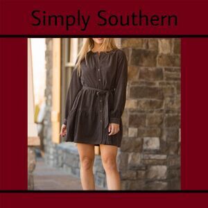 Simply Southern Tiered Dress With Belt Long Sleeve Gray Pockets XXL